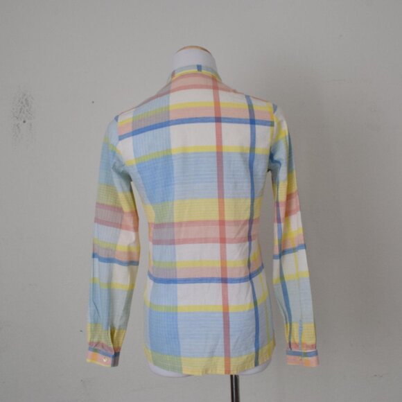 Vintage 80s Plaid Long-Sleeves Cotton Pastel Button-up‎ Blouse - Picture 9 of 10